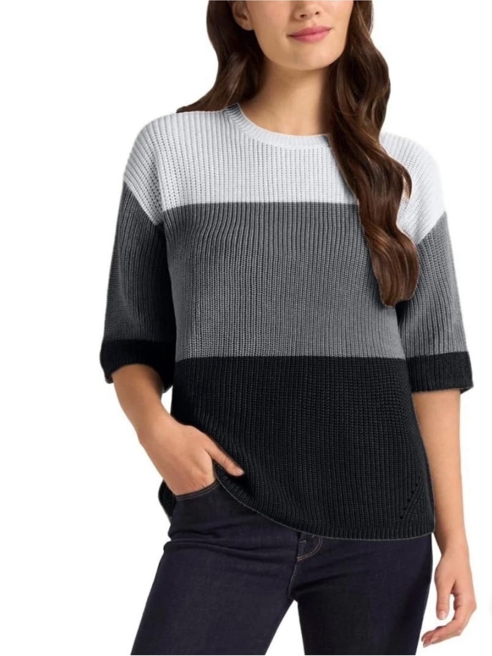 Matty M Gray, Charcoal & Cream Colorblock Ribbed Crew Sweater